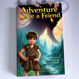 A captivating book cover design featuring a young boy and his courageous friend, set against a mesmerizing fantasy backdrop