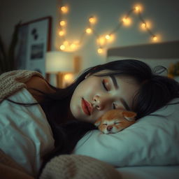 A tranquil and mesmerizing scene of a Korean beauty peacefully sleeping at night in a stylish, modern bedroom