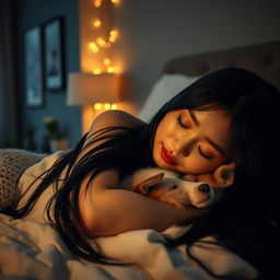 A tranquil and mesmerizing scene of a Korean beauty peacefully sleeping at night in a stylish, modern bedroom