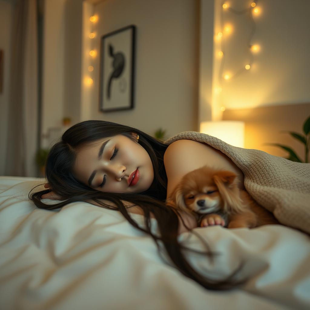 A tranquil and mesmerizing scene of a Korean beauty peacefully sleeping at night in a stylish, modern bedroom