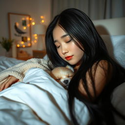 A tranquil and mesmerizing scene of a Korean beauty peacefully sleeping at night in a stylish, modern bedroom