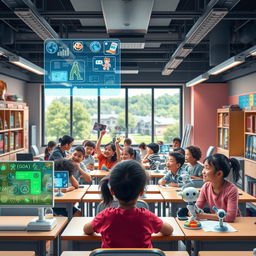 A vibrant, futuristic school scene showcasing AI-driven education