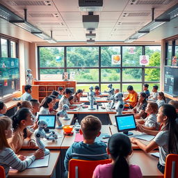 A vibrant, futuristic school scene showcasing AI-driven education