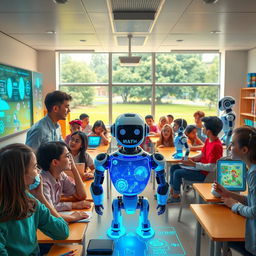 A vibrant, futuristic school scene showcasing AI-driven education