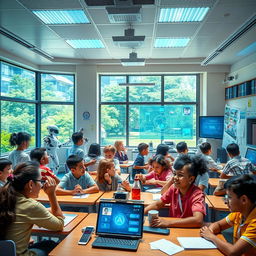 A vibrant, futuristic school scene showcasing AI-driven education