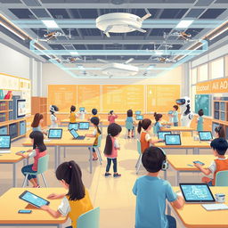 An imaginative illustration of a futuristic AI-driven school environment, depicting autonomous robots engaging with students