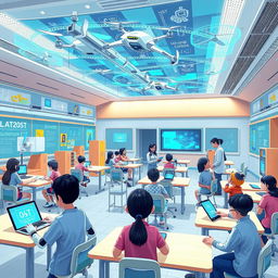 An imaginative illustration of a futuristic AI-driven school environment, depicting autonomous robots engaging with students