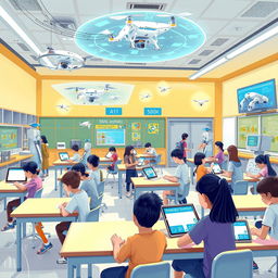 An imaginative illustration of a futuristic AI-driven school environment, depicting autonomous robots engaging with students