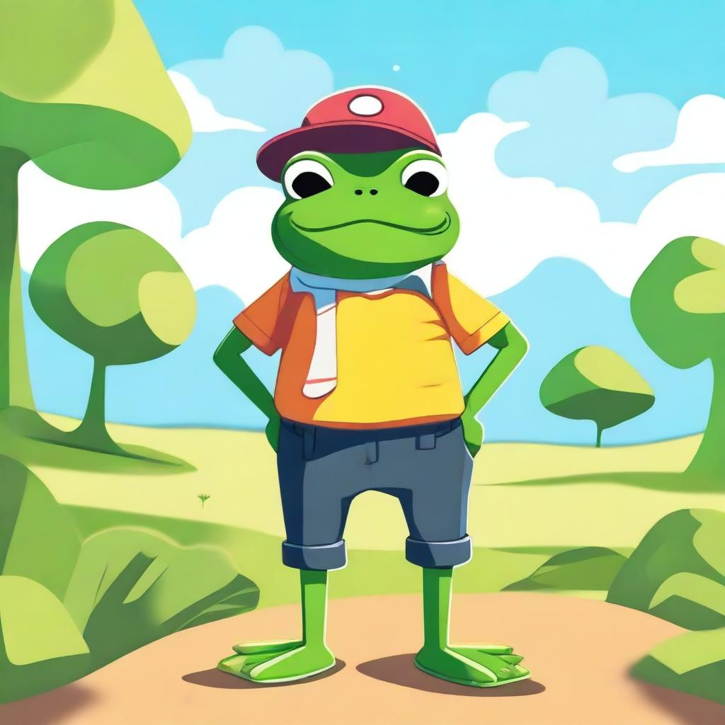 A high-resolution, 2D cartoon image illustrating a frog in clothing