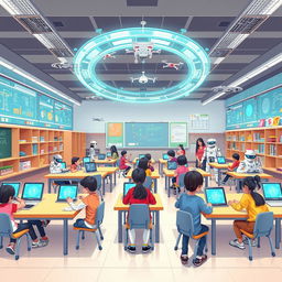 An imaginative illustration of a futuristic AI-driven school environment, depicting autonomous robots engaging with students