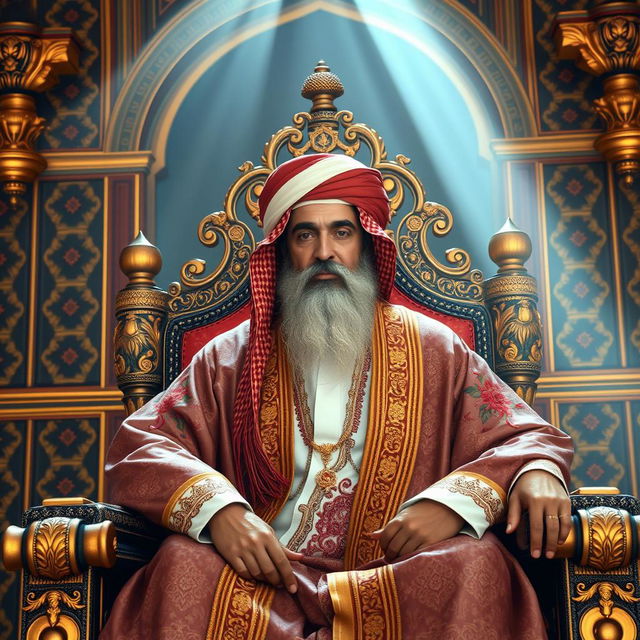 A wise and majestic Khalifa, adorned in a beautifully intricate traditional robe, seated on an ornate throne