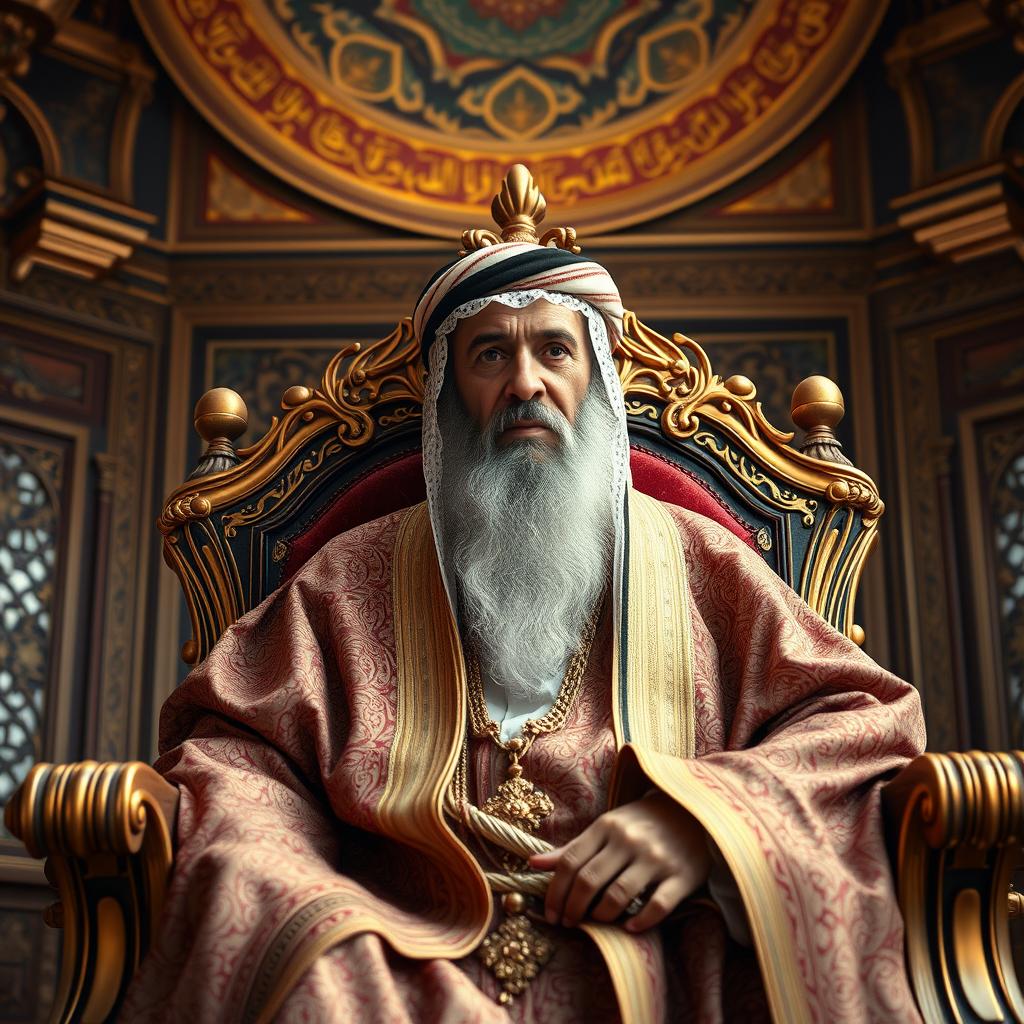 A wise and majestic Khalifa, adorned in a beautifully intricate traditional robe, seated on an ornate throne