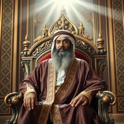 A wise and majestic Khalifa, adorned in a beautifully intricate traditional robe, seated on an ornate throne
