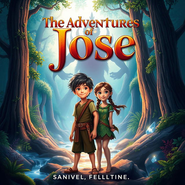 A captivating book cover for 'The Adventures of Jose,' featuring a young boy named Jose and his brave friend embarking on a quest to save their kidnapped companion from the queen of the Aswangs