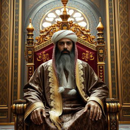 A wise and majestic Khalifa, adorned in a beautifully intricate traditional robe, seated on an ornate throne