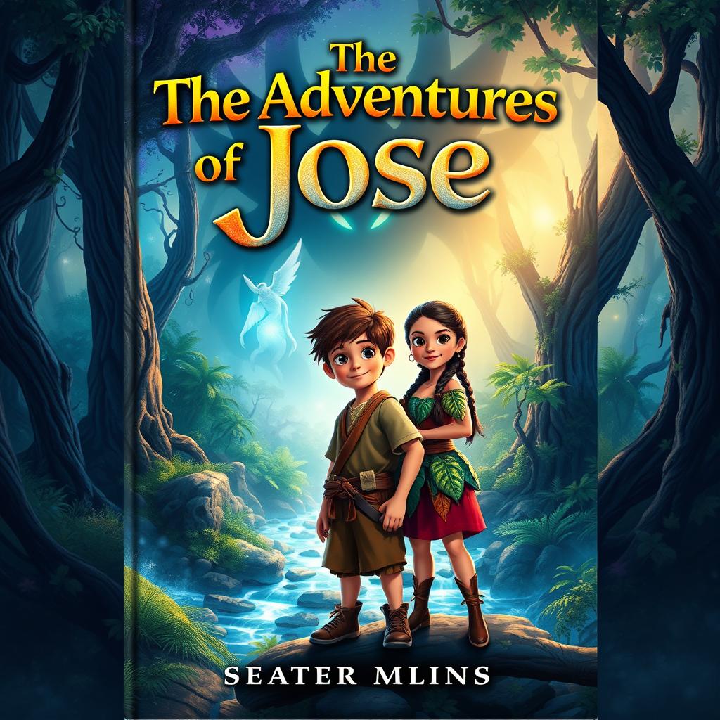 A captivating book cover for 'The Adventures of Jose,' featuring a young boy named Jose and his brave friend embarking on a quest to save their kidnapped companion from the queen of the Aswangs