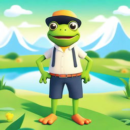 A high-resolution, 2D cartoon image illustrating a frog in clothing