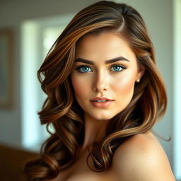 A beautiful woman with chestnut brown hair styled in soft waves framing her face