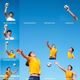 A dynamic and action-packed sports scene showcasing various types of volleyball serves