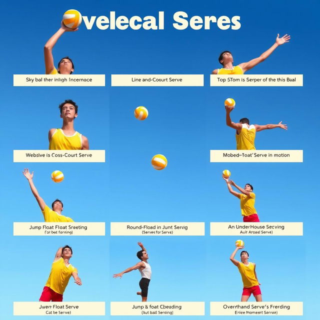 A dynamic and action-packed sports scene showcasing various types of volleyball serves