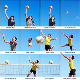 A dynamic and action-packed sports scene showcasing various types of volleyball serves