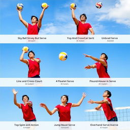 A dynamic and action-packed sports scene showcasing various types of volleyball serves