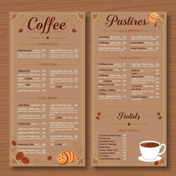 A beautifully designed coffee shop menu featuring a variety of coffee drinks, pastries, and light snacks