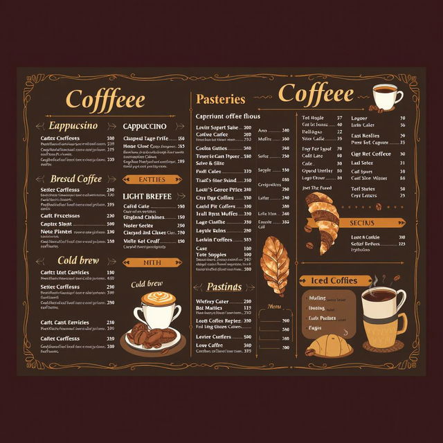 A beautifully designed coffee shop menu featuring a variety of coffee drinks, pastries, and light snacks