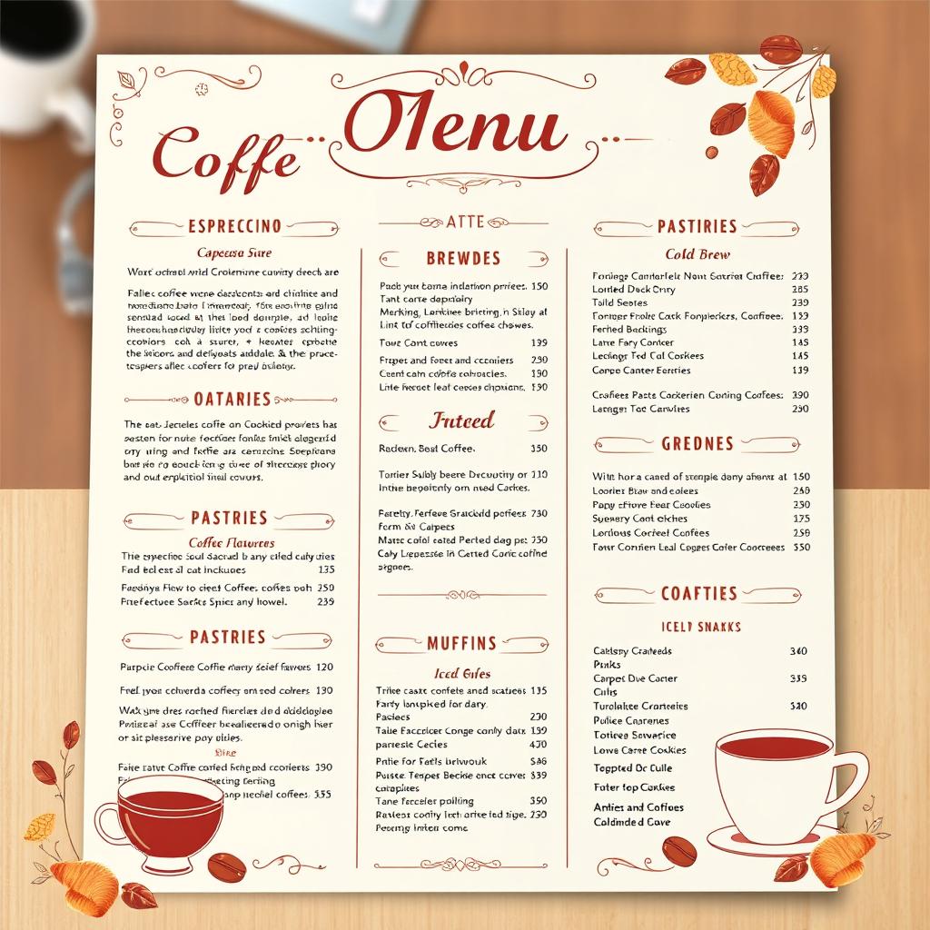 A beautifully designed coffee shop menu featuring a variety of coffee drinks, pastries, and light snacks