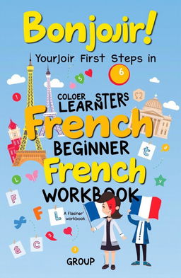 A book cover for a language learning workbook titled "Bonjour! Your First Steps in Learning French: A Beginner's Workbook" by Group 7