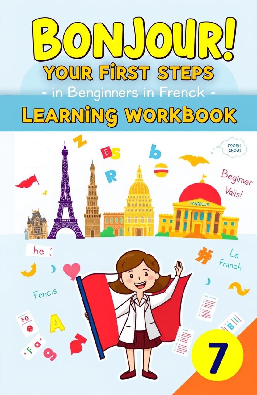 A book cover for a language learning workbook titled "Bonjour! Your First Steps in Learning French: A Beginner's Workbook" by Group 7