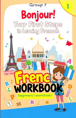 A book cover for a language learning workbook titled "Bonjour! Your First Steps in Learning French: A Beginner's Workbook" by Group 7