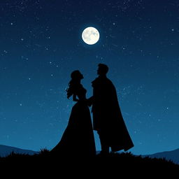A silhouette of a Dame in an elegant gown and a Prince in a regal outfit, standing together on a hilltop, gazing up at a beautiful starry night sky