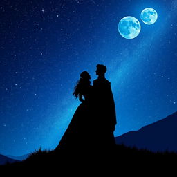 A silhouette of a Dame in an elegant gown and a Prince in a regal outfit, standing together on a hilltop, gazing up at a beautiful starry night sky