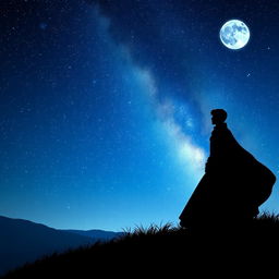 A silhouette of a Dame in an elegant gown and a Prince in a regal outfit, standing together on a hilltop, gazing up at a beautiful starry night sky