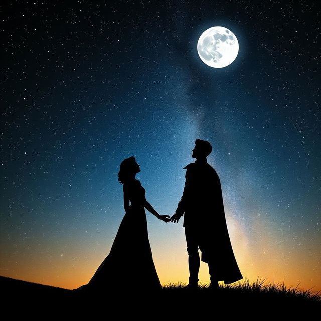 A silhouette of a Dame in an elegant gown and a Prince in a regal outfit, standing together on a hilltop, gazing up at a beautiful starry night sky