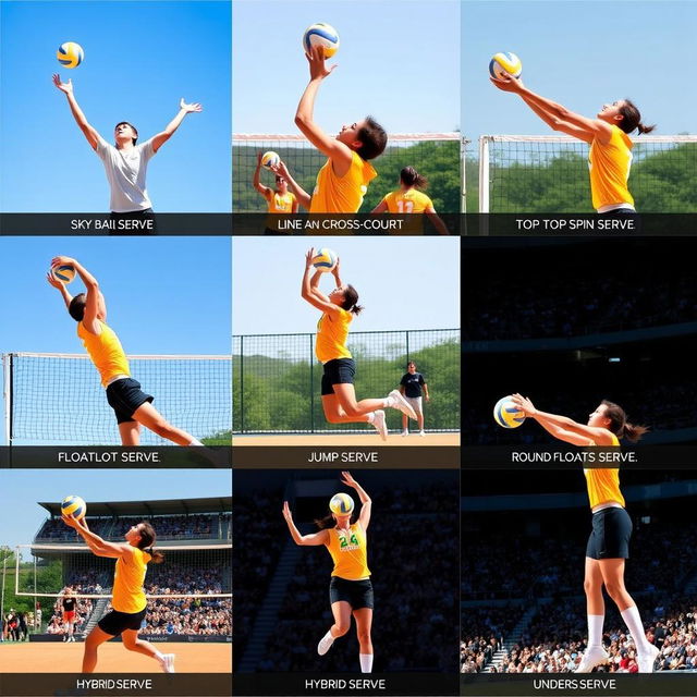 A dynamic and vibrant sequence showcasing various volleyball serves