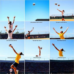 A dynamic and vibrant sequence showcasing various volleyball serves