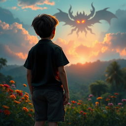 A serene and captivating scene featuring Jose, a young boy with tousled hair, standing in a beautiful natural setting, his back facing the viewer as he gazes at the lush landscape around him