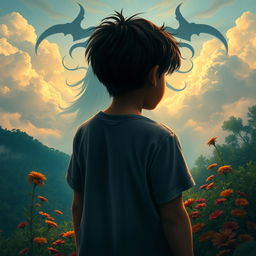 A serene and captivating scene featuring Jose, a young boy with tousled hair, standing in a beautiful natural setting, his back facing the viewer as he gazes at the lush landscape around him