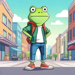 A high-quality, 2D digital art image in the style of Noair, featuring a frog dressed in trendy clothing