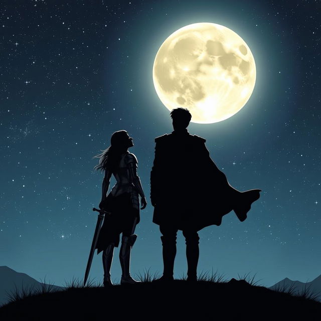 A silhouette of a female knight in shining armor, her sword sheathed at her side, standing confidently beside a Prince dressed in regal attire