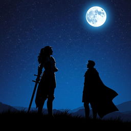 A silhouette of a female knight in shining armor, her sword sheathed at her side, standing confidently beside a Prince dressed in regal attire