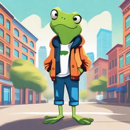 A high-quality, 2D digital art image in the style of Noair, featuring a frog dressed in trendy clothing