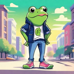 A high-quality, 2D digital art image in the style of Noair, featuring a frog dressed in trendy clothing