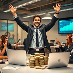 A person joyfully celebrating a financial success or profit, showcasing the excitement of earning money through the use of Lynk