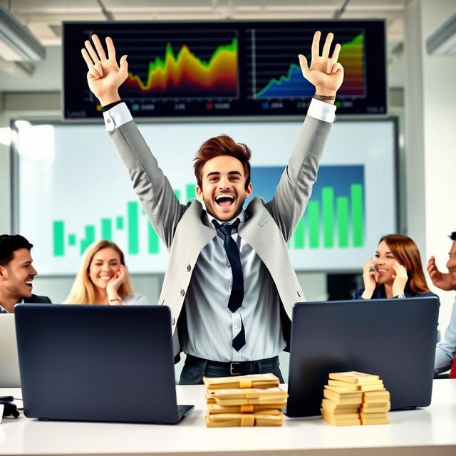 A person joyfully celebrating a financial success or profit, showcasing the excitement of earning money through the use of Lynk