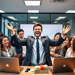 A person joyfully celebrating a financial success or profit, showcasing the excitement of earning money through the use of Lynk