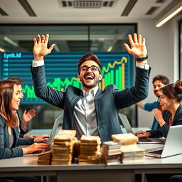 A person joyfully celebrating a financial success or profit, showcasing the excitement of earning money through the use of Lynk