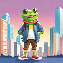 A high-quality, 2D digital art image in the style of Noair, featuring a frog dressed in trendy clothing